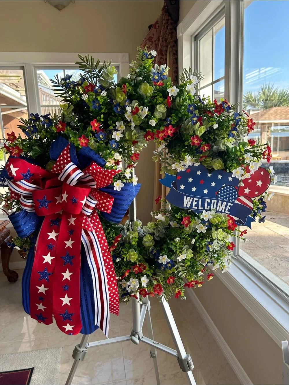 Patriotic Red, White & Blue Welcome Holiday Wreath with Bow
